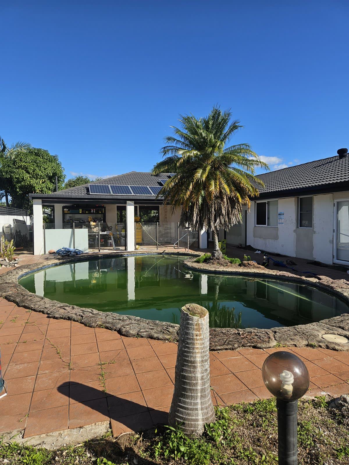 Backyard before the renovation with an old, green pool and worn paving
